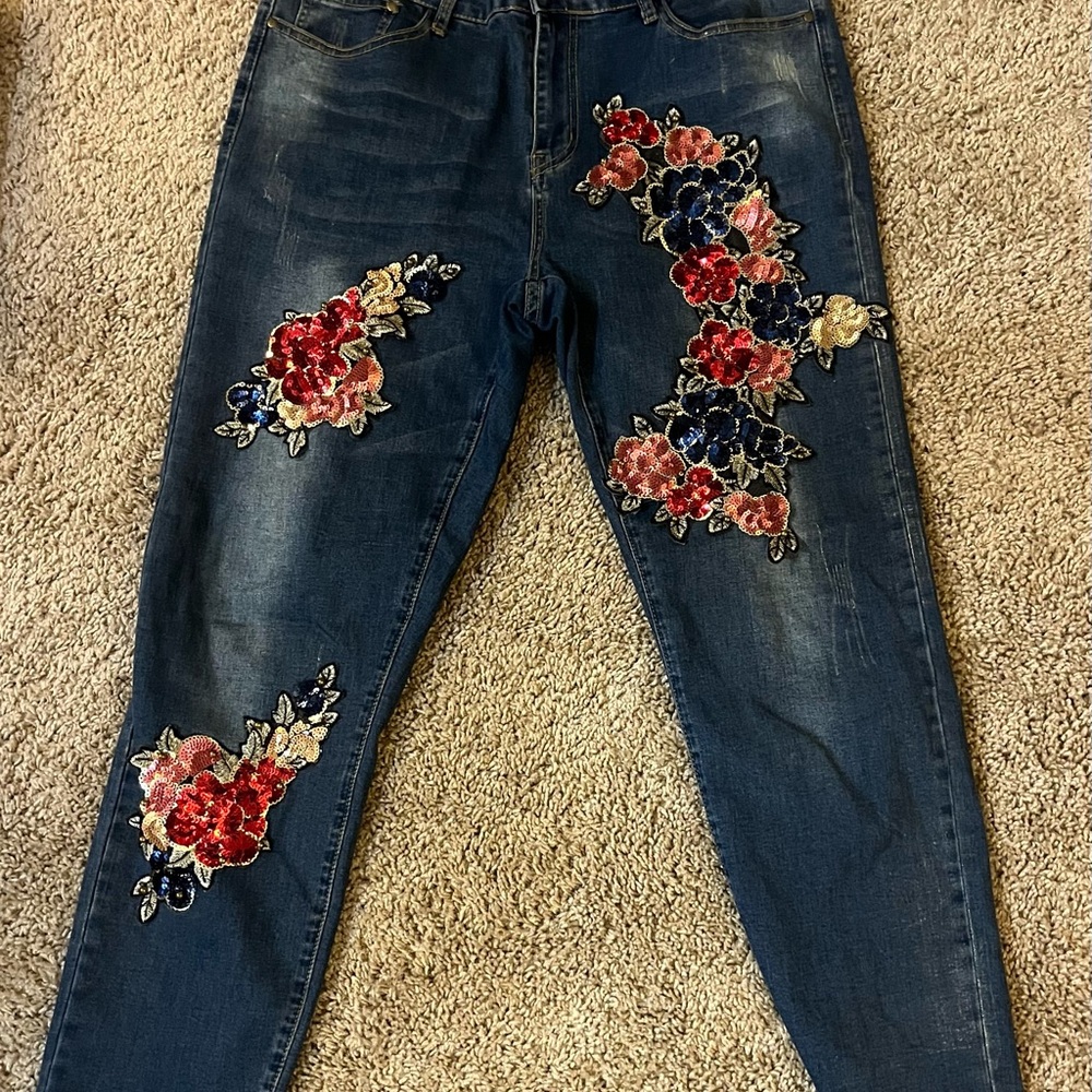 Boston Proper Blue Jeans with Floral Embroidery